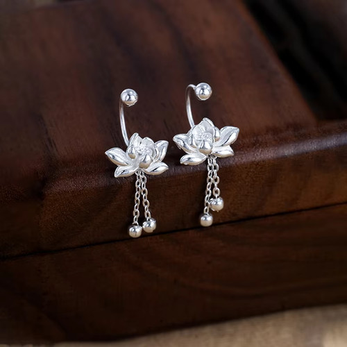 925 Sterling Silver Lotus Flower Stud Earrings Vintage Tassel Floral Women Gift