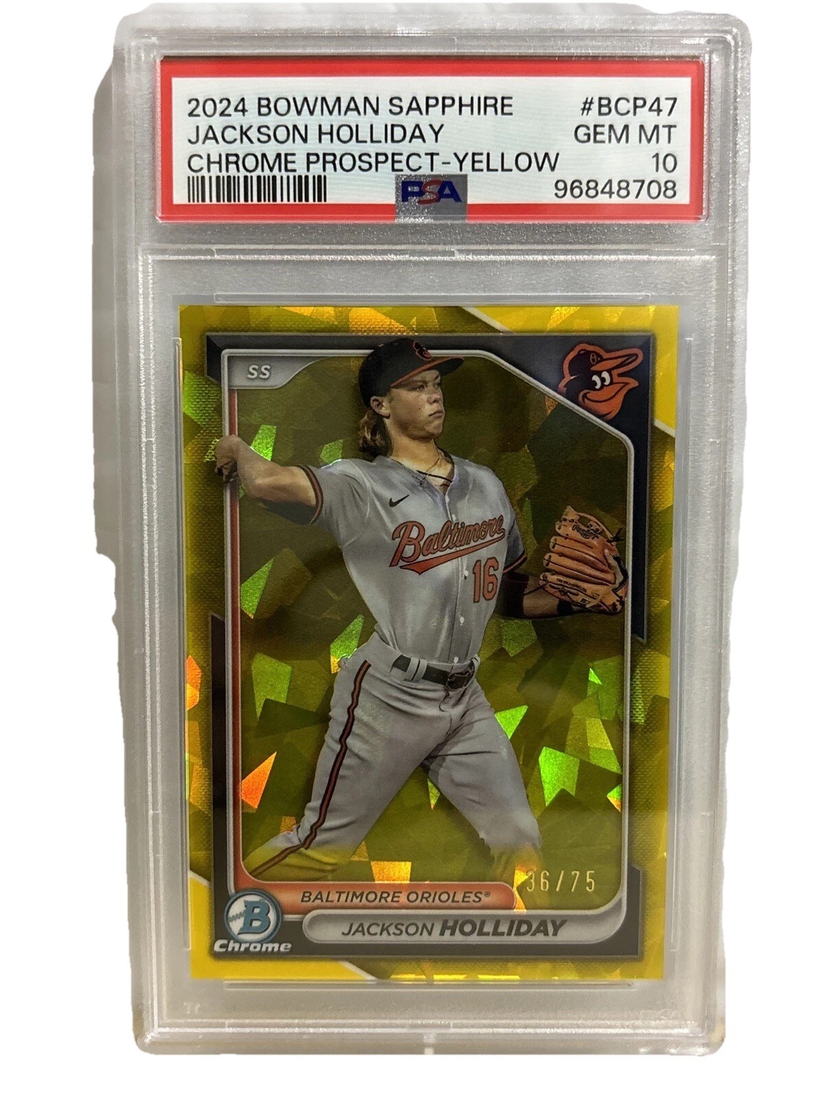 Jackson Holliday 2024 Bowman Chrome Sapphire #BCP-47 Yellow 37/75 PSA 10 Orioles
