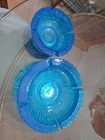 Anchor Hocking Nancy Vintage Blue Blenko Glass Flower Ashtray Set of 2 Starburst