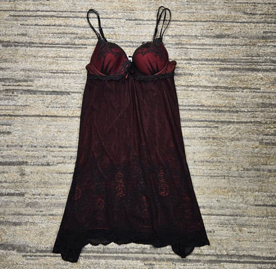 Lise Charmel 80B Babydoll Dress Red Black Lace Mesh Sleeveless Underwired Sheer
