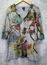 Inoah Women Medium Tunic Top Fairy Tale Storybook Art to Wear V Neck Lagenlook