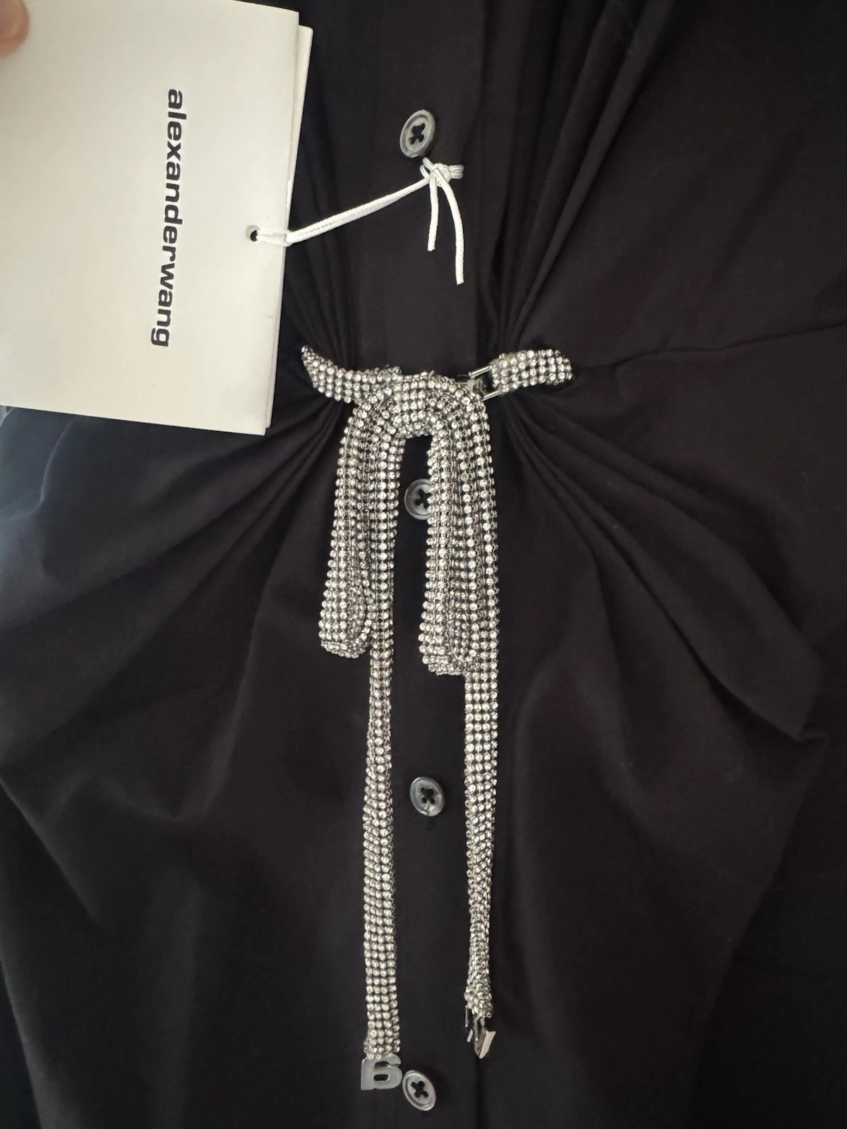 Abito mini camicia donna Alexander Wang cristallo fiocco cintura vita nero XS LBD raro