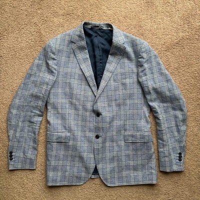 Gant Blazer Mens 54 Linen Blend Two Button Suit Jacket Grey Blue Pockets