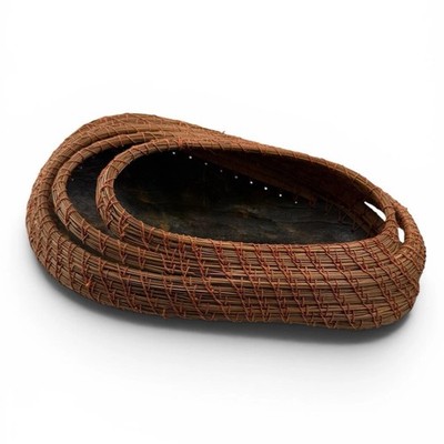 Pine Needle Basket Art Handcrafted Unique Sculptural Oval Waxed Linen Thread