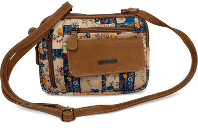 MultiSac Striped Hazelnut/Beige/Blue Floral Synthetic Triple Zip Crossbody Bag