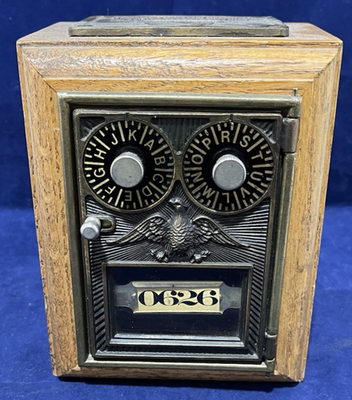 Vintage Jolly Good Industries Wooden Post Office Lockbox Coin Safe