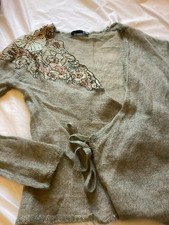 DESIGNER R GREEN EMBELLISHED MOHAIR MIX KNIT WRAP CARDIGAN S 10 12 EUR 36 38
