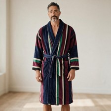 Vintage Mens Robe One Size 38-46 Stripes Pockets Cotton Father Grandfather PJs