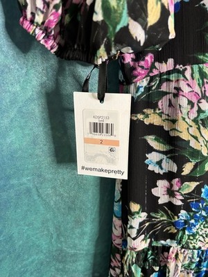 kensie metallic chiffon dress Kensie Dress NWT Black Floral Metallic Chiffon Flutter Sleeve Ruffle Midi  Gown 2