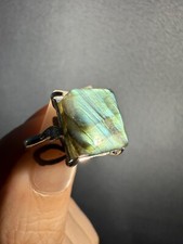 Unique Pick Natural Labradorite Rectangle Ring / Silver-plated/ Adjustable