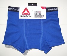Boys Reebok 2 Pack Blue Gray Tagless Boxer Briefs Underwear Sz M 8-10 or L 12-14