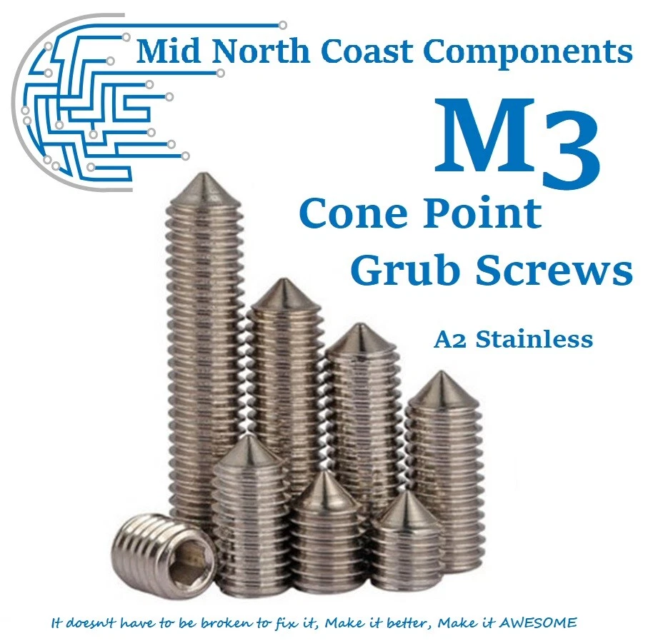 M3 Cone Point Grub Screw 3mm - 12mm Set Screw Hex Head 304 Stainless Steel