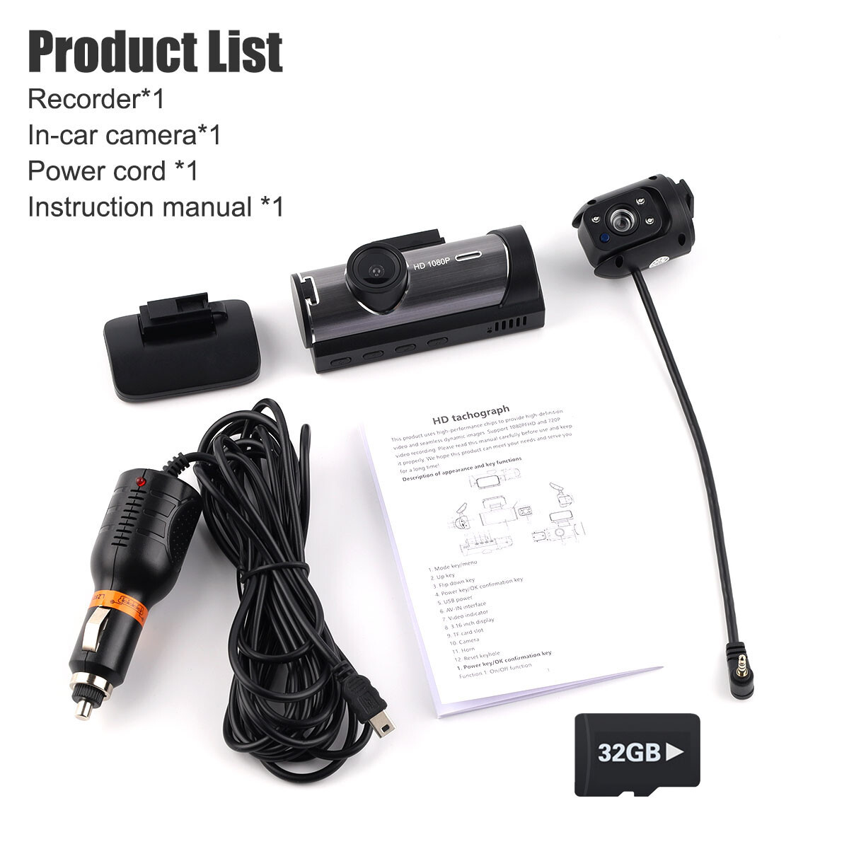32GB+ Dual Dash Camera Front and Inside  Dash Cam G Sensor Night Vision for Cars