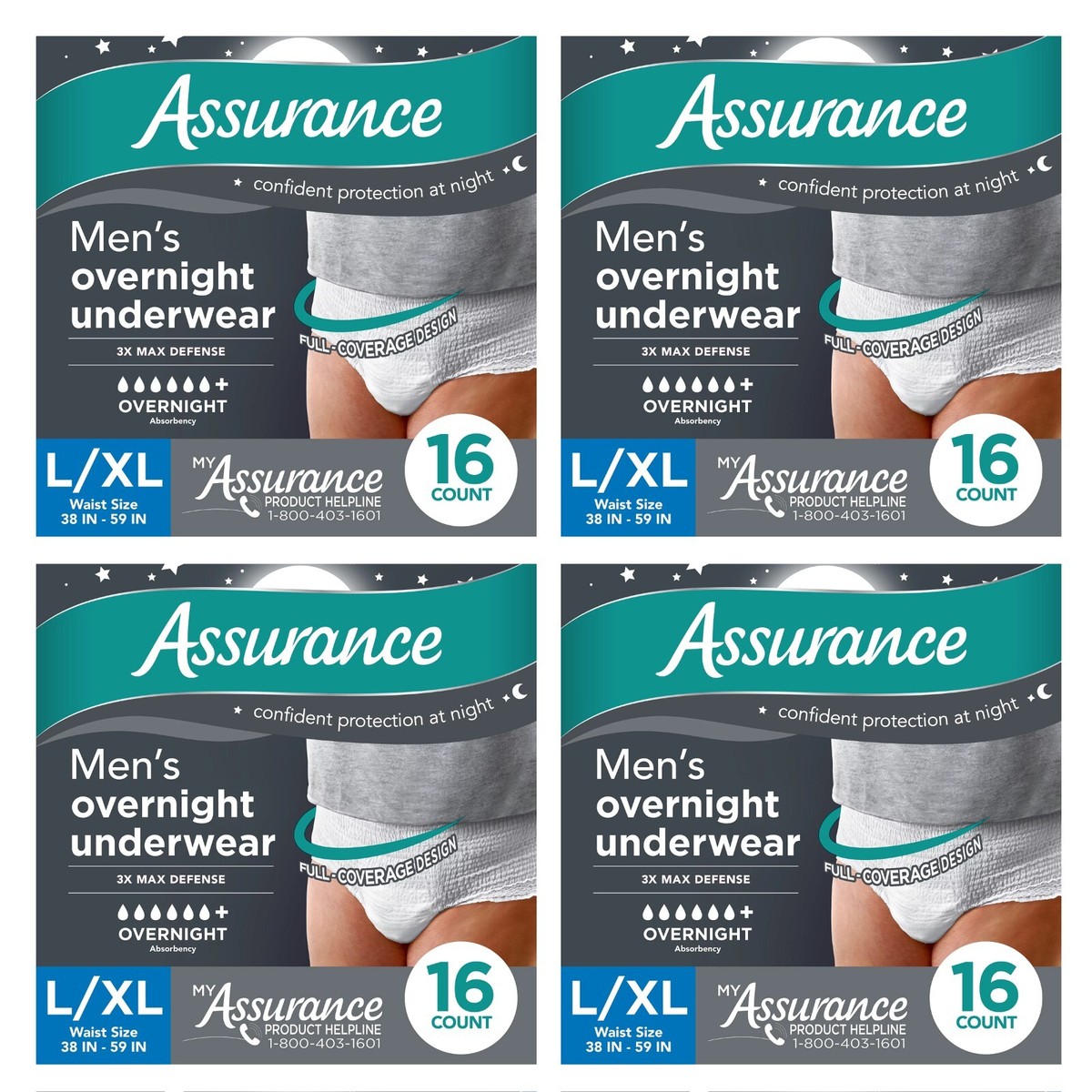 64 Count Assurance Men Incontinence Overnight Underwear Max Absorb