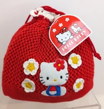 VTG Sanrio Hello Kitty Red Open Knit Pull String Tote cinch Bag Patch Cosplay