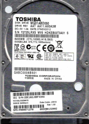 MQ01ABD050  AAT AA11/AX0A3M,  HDKEB03T3A01 S, TOSHIBA SATA 500GB  NOV 2012