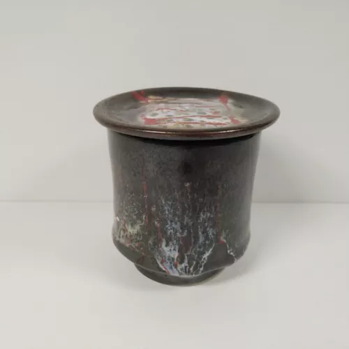 Dewitt Studio Pottery Tumbler Handleless Mug Black Red Hand thrown Lid Coaster