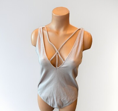 Express Pink Ribbed Bodysuit Size L Strappy 