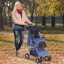 Dog Cat Stroller Cat Folding Travel Cart for Small Medium Pet Foldable Navy Blue
