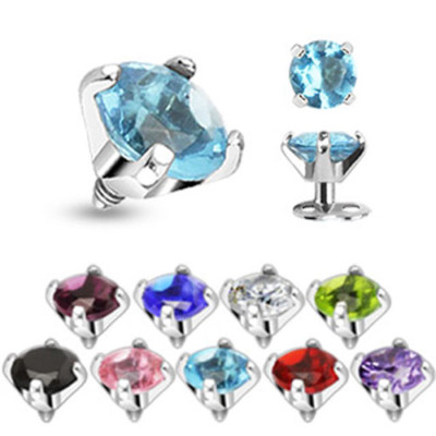 1 - 316L Surgical Steel Internally Threaded Prong Set Round Gem Dermal Top G27