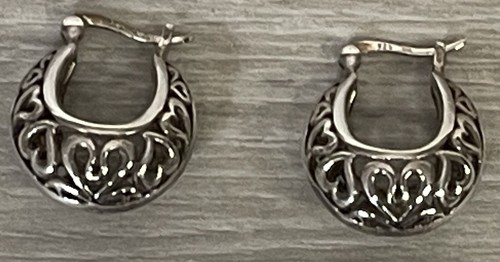 Sterling Silver 925 Heart Design Filigree Chunky Snap Hoop Earrings Unbranded