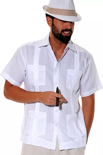 Bohio 100% Linen Guayabera Mens Shirt White Cuban Traditional (4)-Pocket - LS499