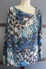 Tunic Top XXL Boho Chic Abstract Print Asymmetrical Neckline Knit Blues White