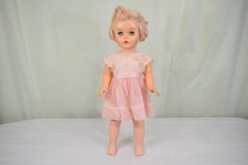 Vintage Unmarked Baby Girl Doll 24" MCM Dress, Sleepy Eye Ratchet Arm