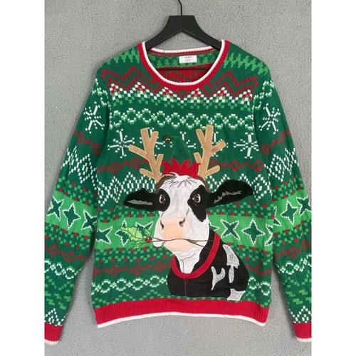Holiday Time Ugly Christmas Sweater Cow Antlers Green M (38-40) Festive Acrylic - Picture 2 of 8