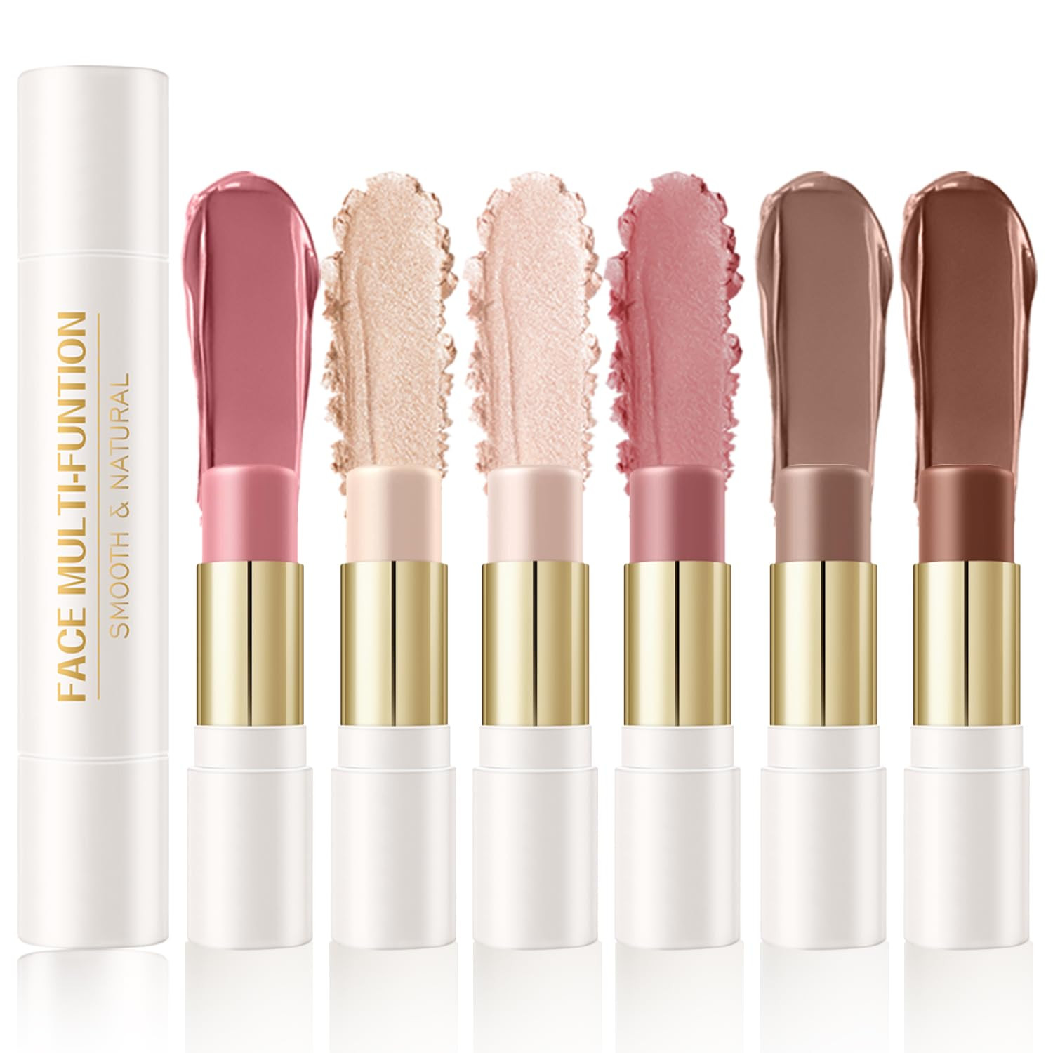 6 Colors Cream Contour Sticks Set, Shades with Highlighter, Bronzer and Blush, D