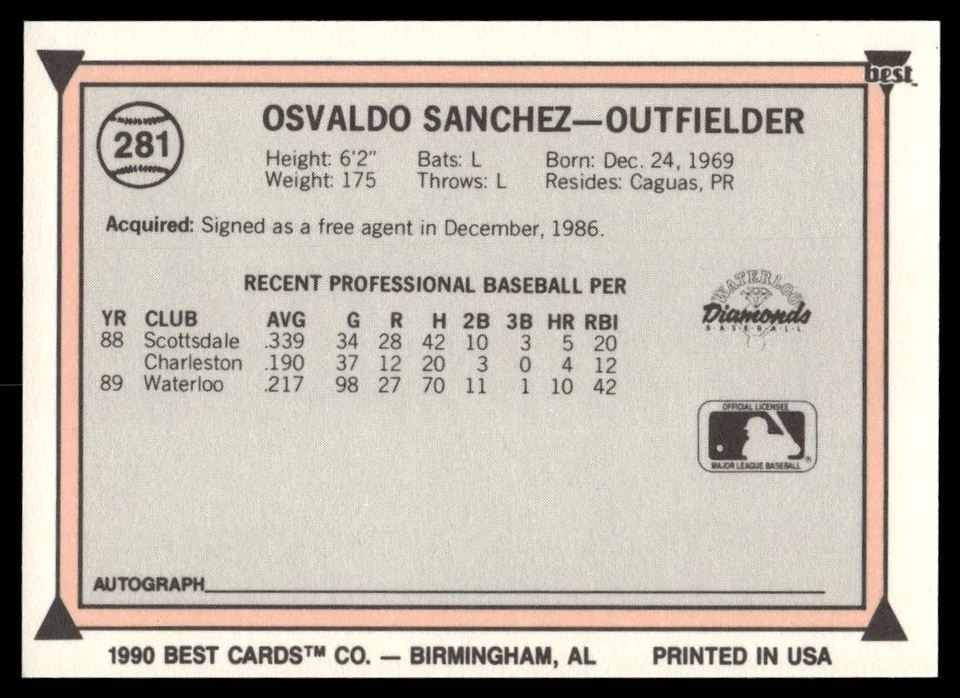 1990 Best Minor League #281 Osvaldo Sanchez - Image 2 of 2