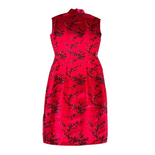 Vintage 1980s Chinese Brocade Cheongsam Dress Red/Black Satin Silk with Slip - Picture 4 of 17