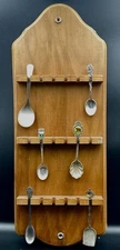 Vintage Wooden Souvenir Spoon Rack Display 18 Slots w/6 VTG Silverplate Spoons