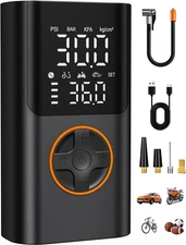 Tire Inflator Portable Air Compressor, Bike Pump with Gauge and USB Charging
