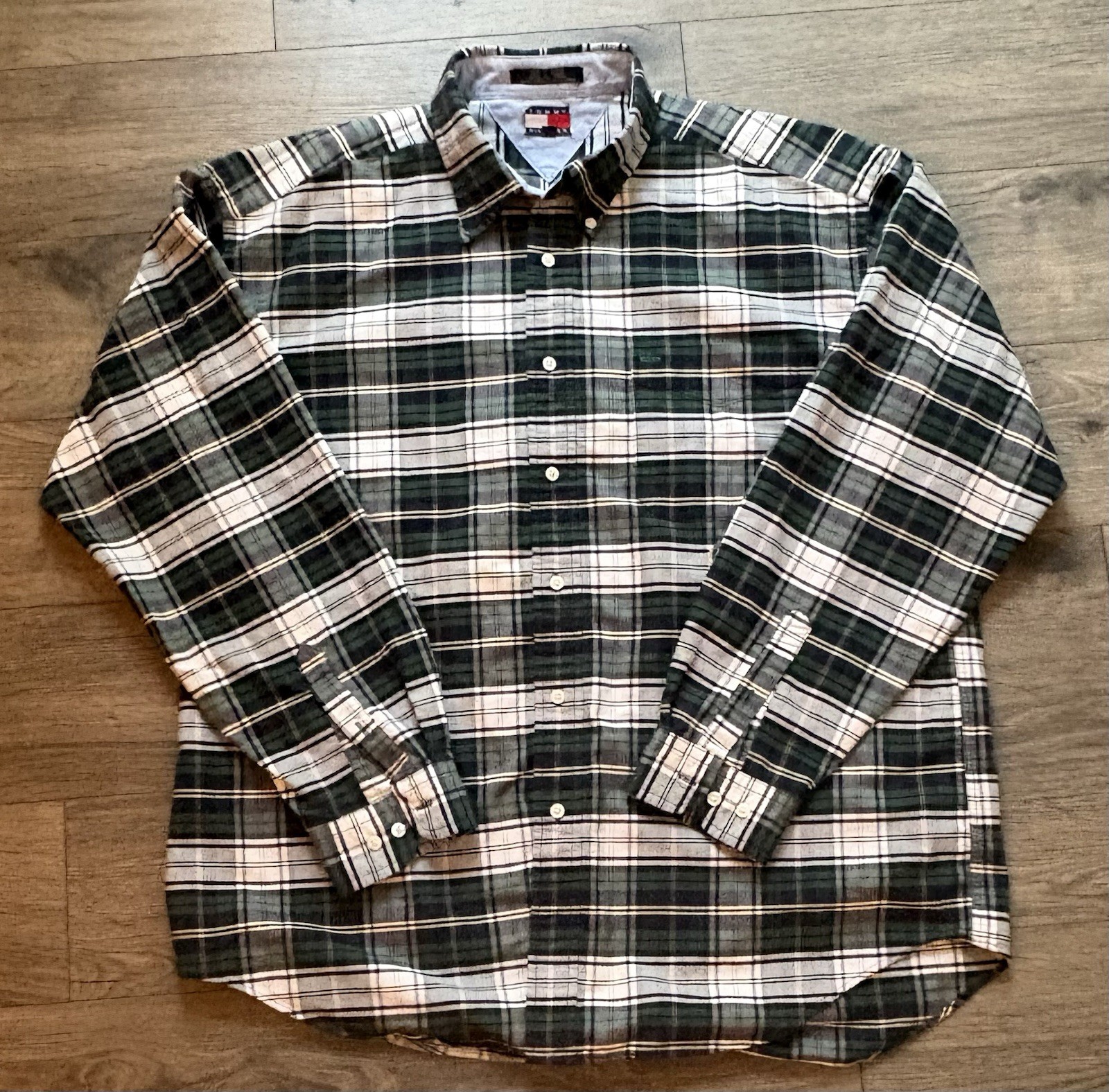 Tommy Hilfiger Shirt Mens XL Green Plaid Custom Fit Button Up Long Sleeve