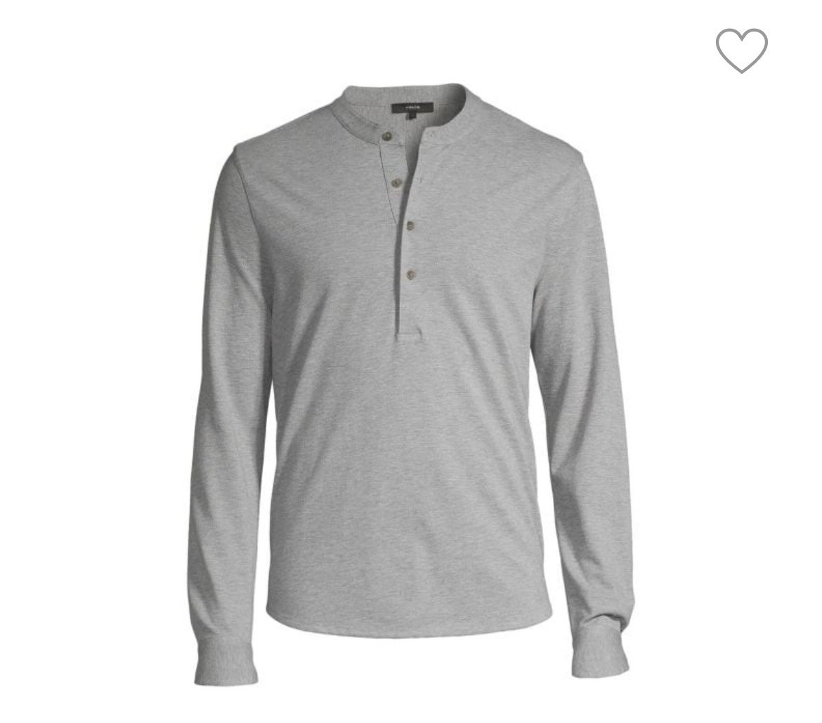 Vince Men's Long Sleeve Henley Cotton Tee Shirt Gray Black Size Large Basic