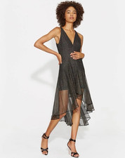 HALSTON HERITAGE Black V-Neck Sleeveless Sheer Mesh Hi-Low A-Line Dress XS