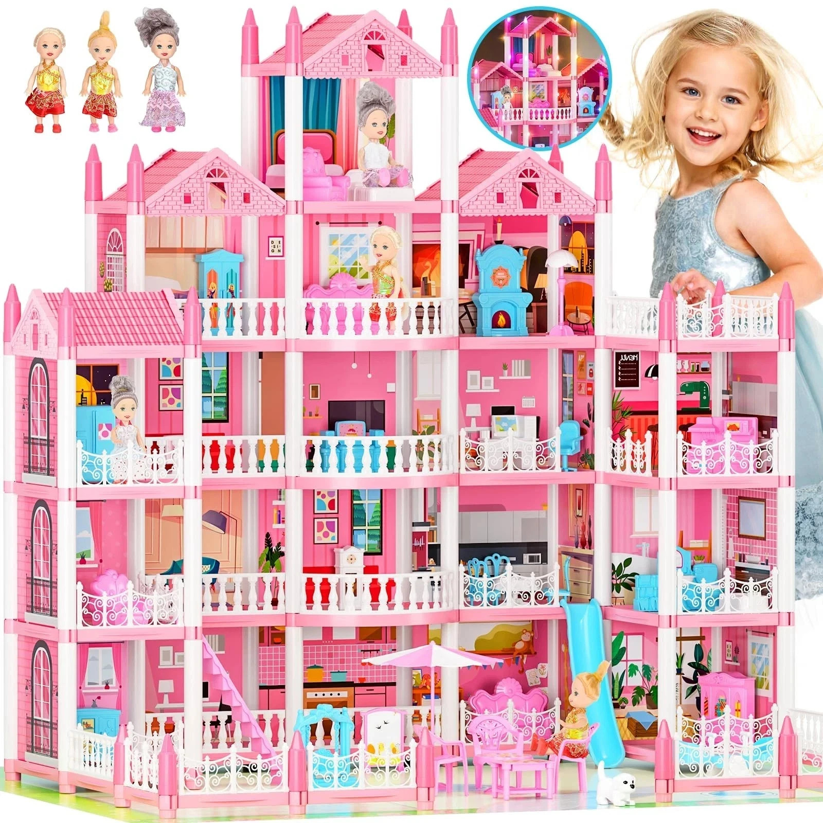 5-Story Dream Doll House for Girls with 19 Rooms, Lights, Do