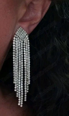 CLIP ON Rhinestone 8cm CRYSTAL Drop EARRINGS Chandelier Gold Finish Glam Clips - Image 1 of 4