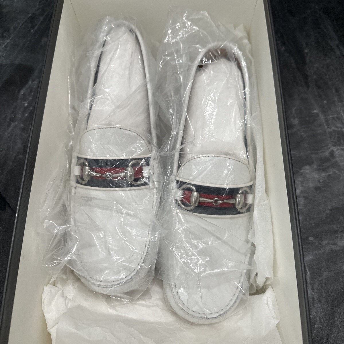 Authentic Gucci Web Silver Horsebit White Leather Men Loafer Gucci