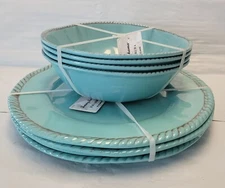 Tommy Bahama Melamine Plate & Bowl Combo Set Teal Braided 4 ct Each Summer
