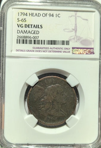 1794 1c Liberty Cap Large Cent, Head of 1794, S-65, NGC VG Details - damaged