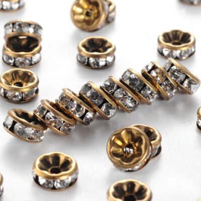 50 pcs Antique Bronze Clear Rhinestone Rondelle Spacer Beads   8mm x 3.8mm