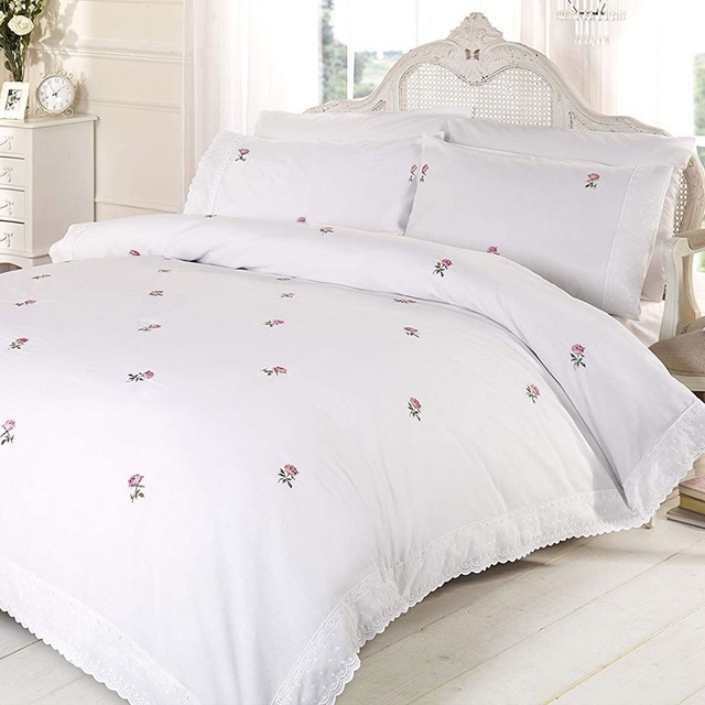 Alicia Floral White Pink Super King Size Duvet Cover Set