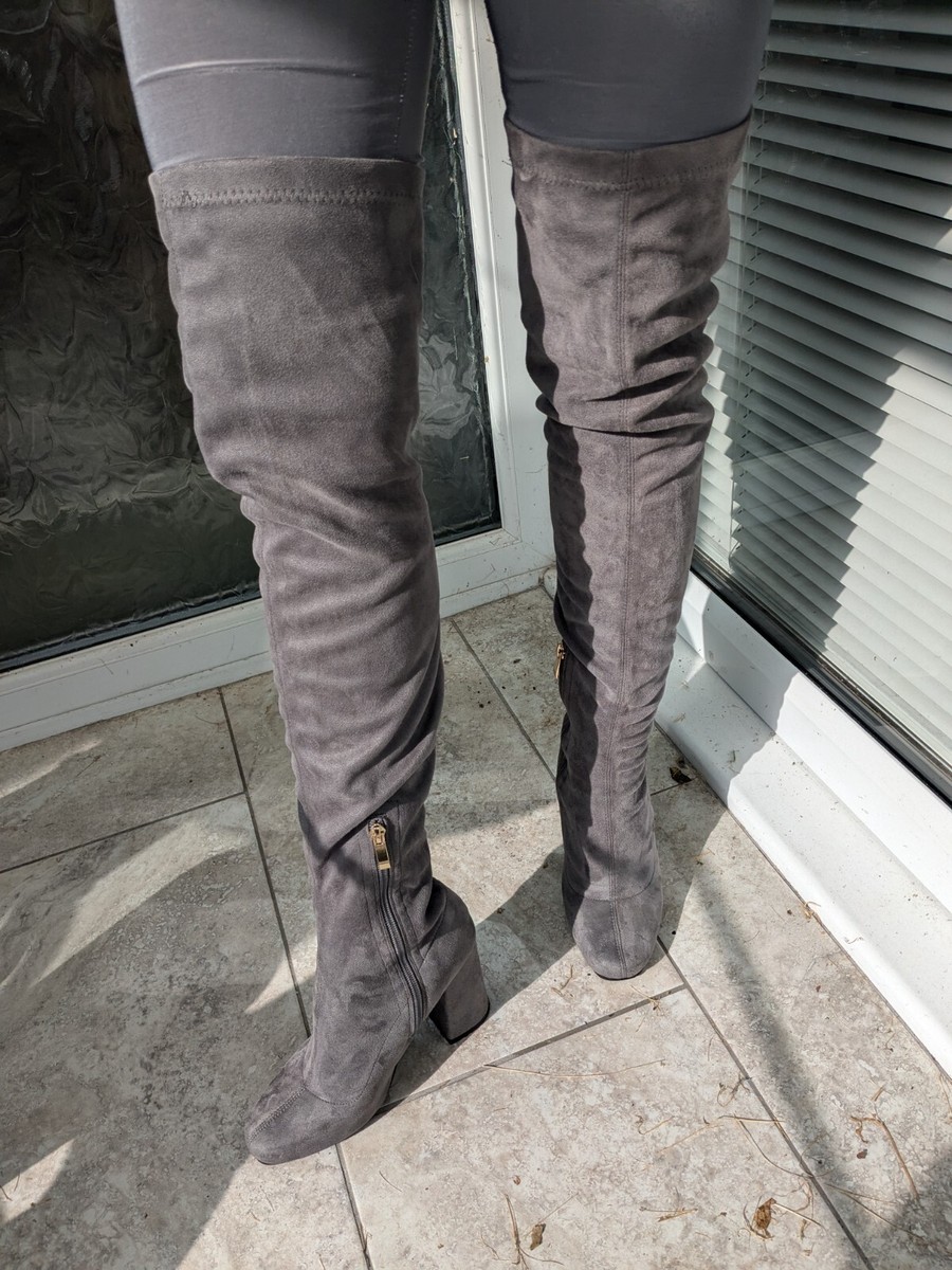 Grey Faux Suede Over Knee Size UK EU 36 UK