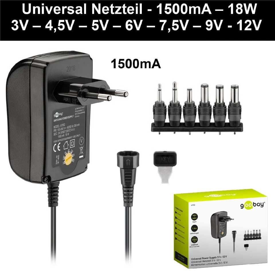 Universal Netzteil 3- 12V umschaltbar 600mA-1000mA-1500mA mit 6 Adapterstecker - Bild 4 von 4