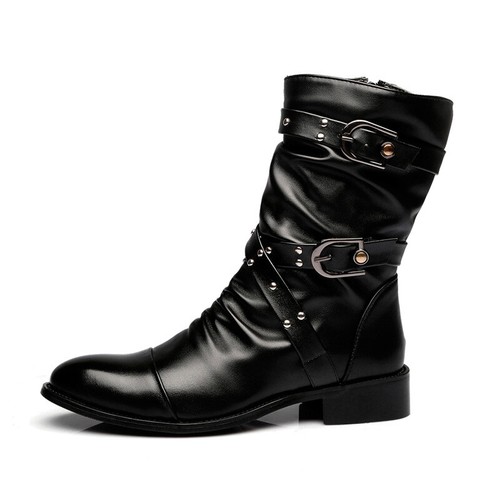 Scarpe stivali moto uomo moda pelle PU borchie fibbia cinturini pile - Foto 4 di 9