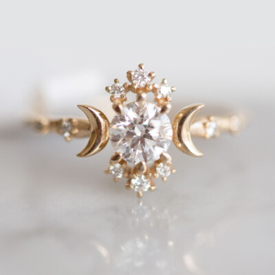 Wandering Star & Moon In 10K Yellow Gold With Sparkling Round Moissanite Ring