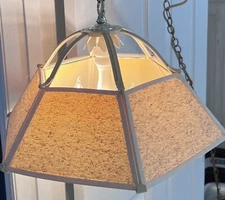 Vtg 70-80s Off White Parchment Shade Swag Lamp Metal Frame XL Long Chain 6 Sided