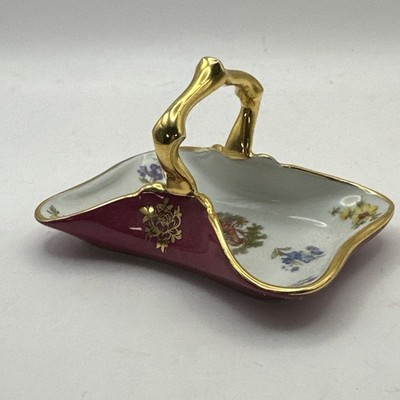 Limoges Castel Porcelain Trinket Ring Tray w Handle Pink 22K Gold Trim 4 